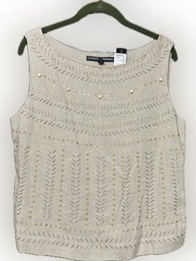 NWT Ellen Tracy Linen Blend Sleeveless Sweater Buttons & Embroidered  Size 12